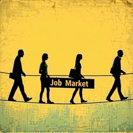People walking a tightrope labeled Job Market starting to sag-1